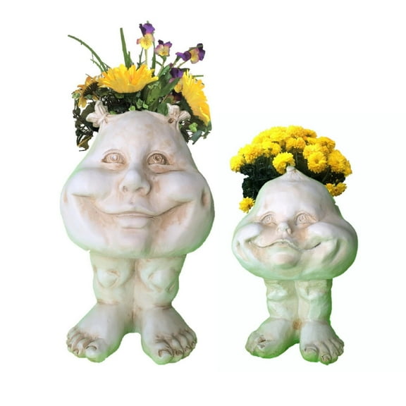 Homestyles Antique White Sister Suzy Q & Baby the Muggly Face Humorous Statue Planter Pot