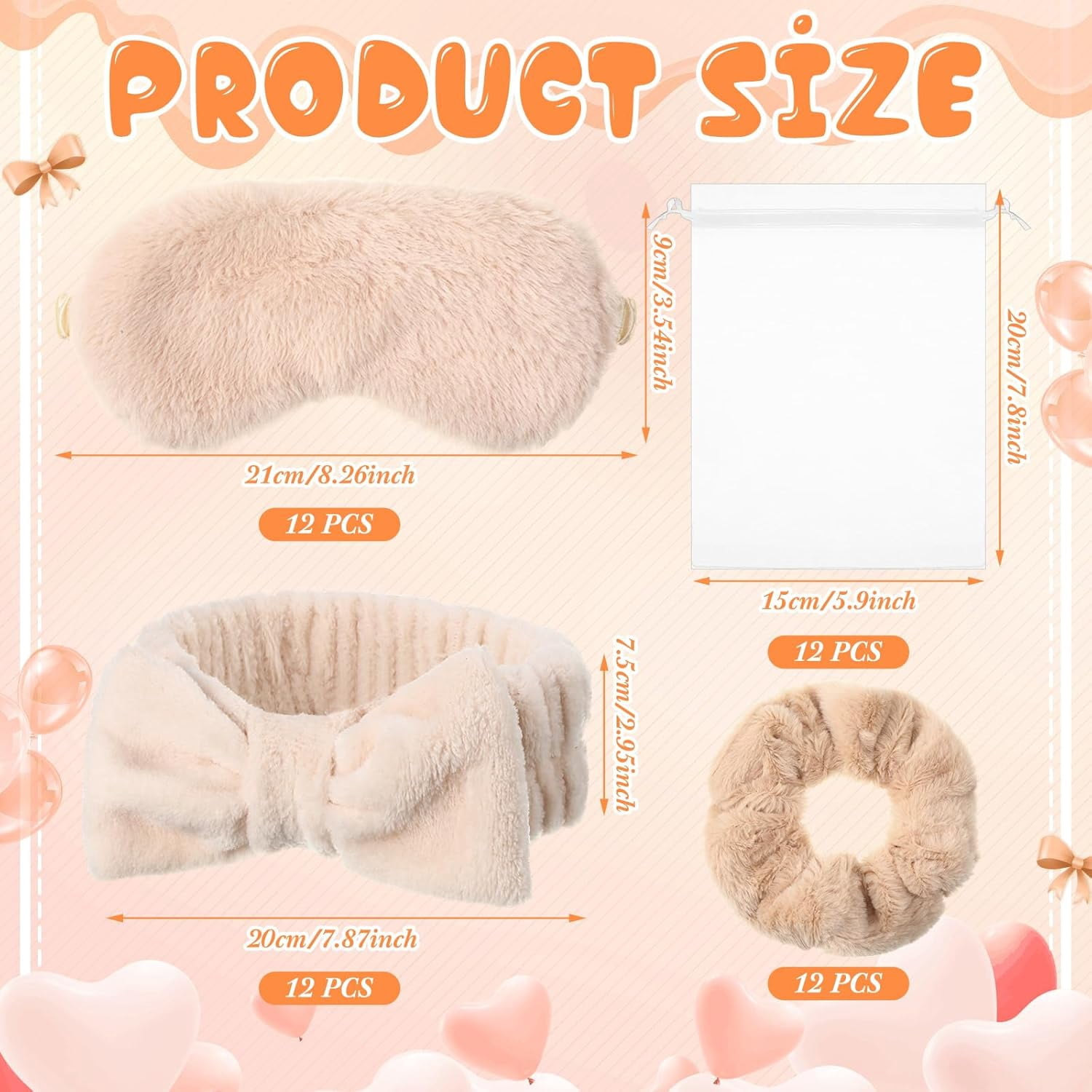 48 Pieces Spa Party Supplies 12 Spa Headband 12 Plush Sleep Eye Mask 12 Velvet Scrunchies 12 Organza Bags for Sleepover Slumber Party Favors Graduation Gift(Beige)