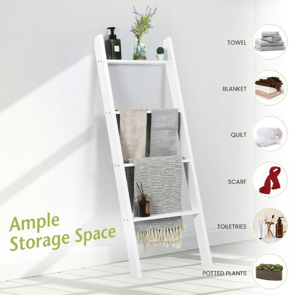 Finihen Wall Leaning Ladder Towel Rack, Blanket Ladder, 4-Tier Wall Leaning Ladder Shelf Stand, White
