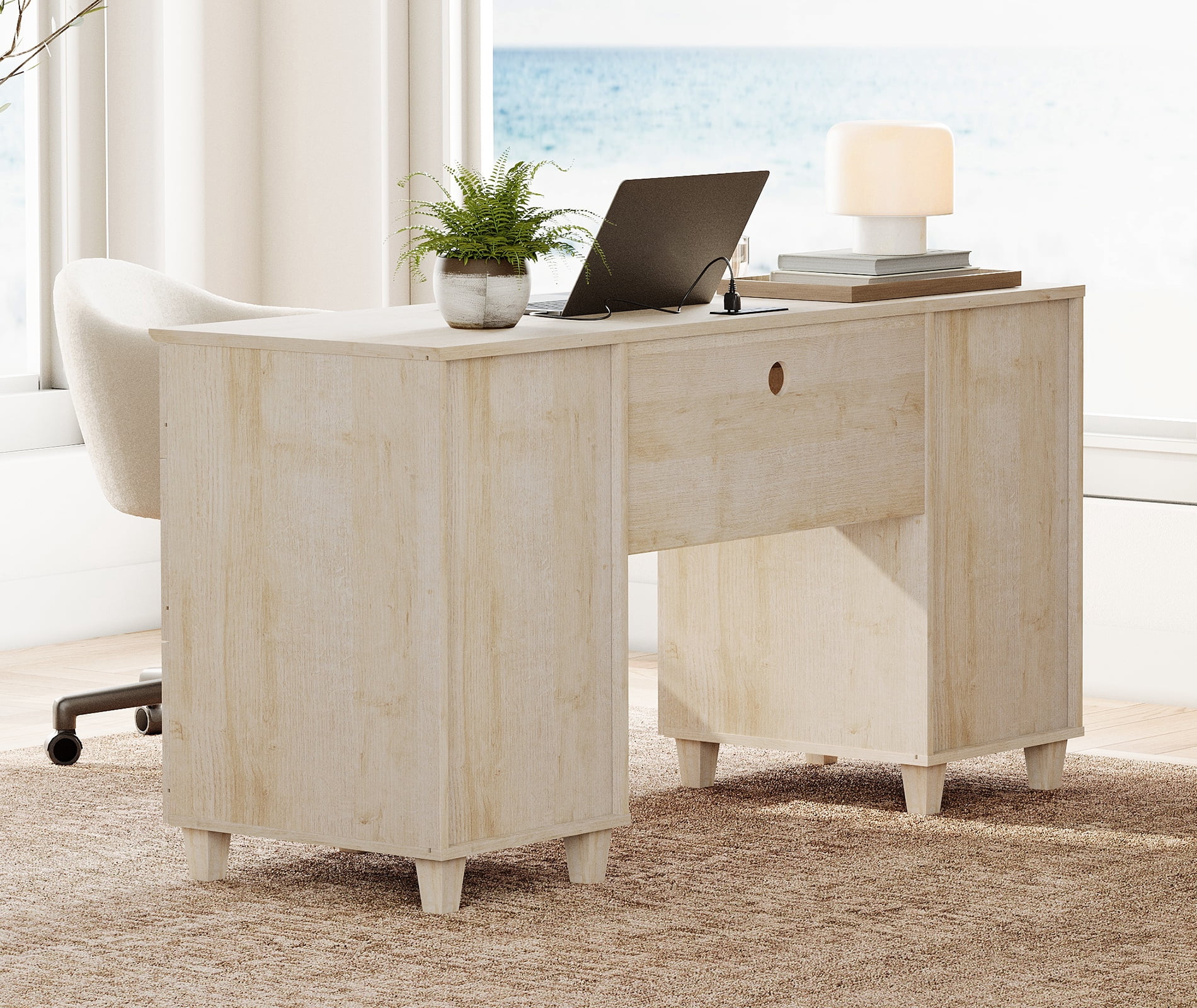 58" Executive Desk with 5 Drawers and 1 Door, Modern Farmhouse Home Office Computer Table with Charging Station, Light Oak