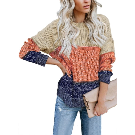 Asyoly Womens Color Block Sweater Long Sleeve Crewneck Ribbed Knit Pullover Round Neck Jumpers Loose Casual Tops