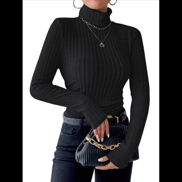 Camisetas de Larga con Cuello Alto para Mujer, de Otoño, con Forro Acanalado, Suaves y Térmicas. Negro 5XL