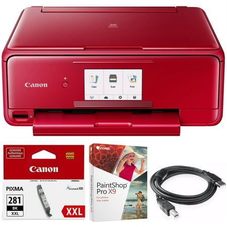 Canon Network Printer Copiers - Canon PIXMA TS8120 Wireless Inkjet All-in-One Printer with Scanner & Copier Red (2230C042) Black Printer Ink, Corel Paint Shop Pro X9 Digital Download & High Speed 6-foot USB Printer Cable