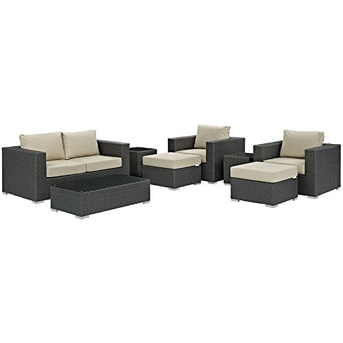 Modway Rattan Sojourn 8-Piece Wicker Outdoor Patio Furniture Sectional, Beige