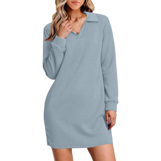 cfhntfmh Robe à Manches Longues pour Femmes Col à Revers Col en V Robe Chandail en Molleton Ample Couleur Unie Mini Robes Automne 2024