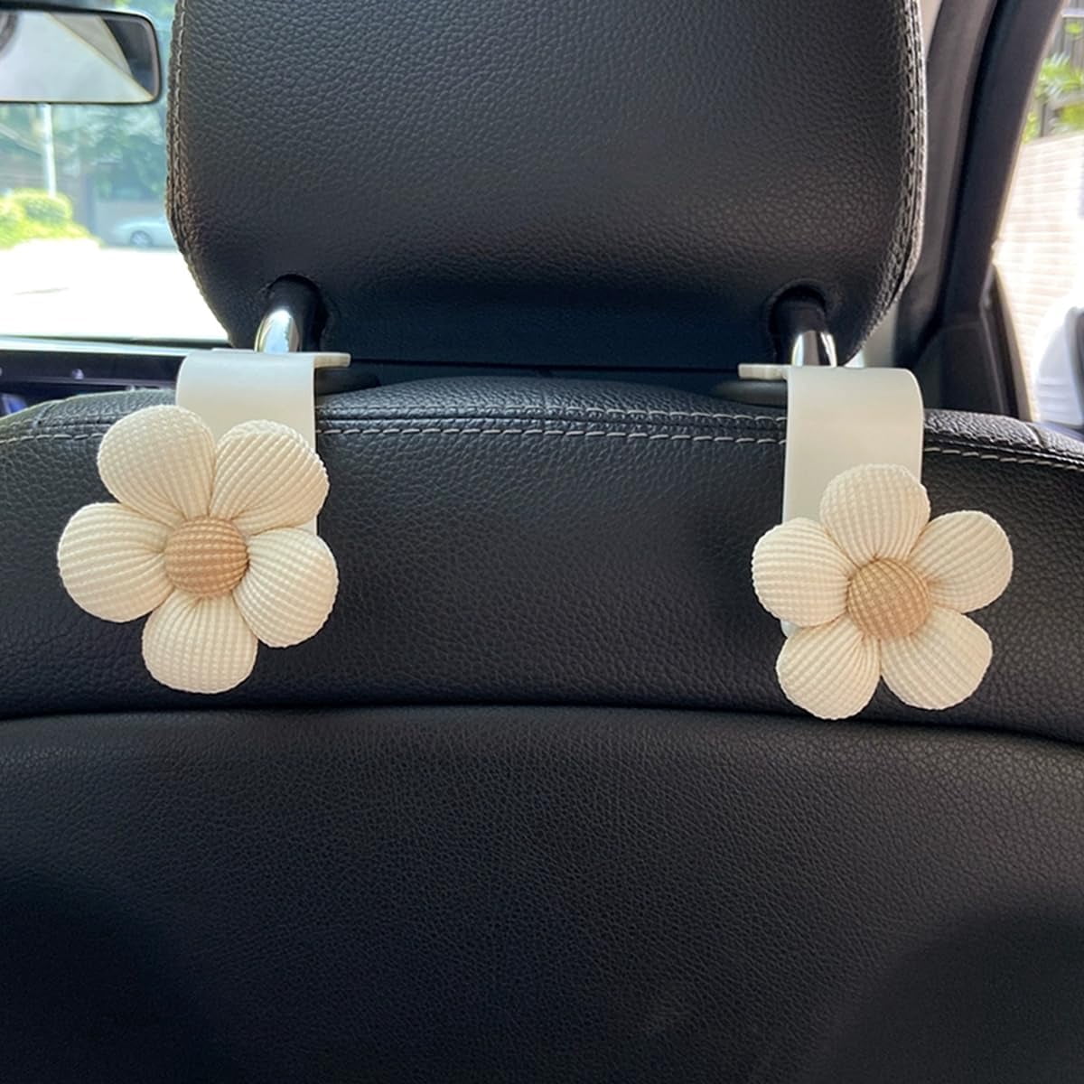 Rongsi Car Purse Hook,4PCS Car Headrest Hooks, Cute Flower Vehicle Seat Organizer Hooks for Purses and Bags, Portable Automotive Purse Hanger Holder Decoration, Universal for SUV, Sedan, Truck (Beige