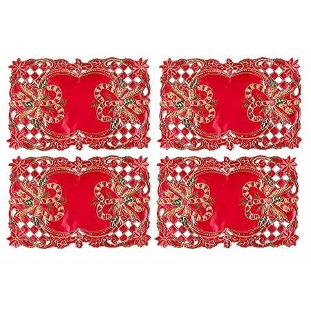 

Fennco Styles Christmas Embroidered Sequin Candy Cane Holly Ribbon Placemats 13 W x 19 L Set of 4 - Red Table Mats for Home Holiday Décor Family Gathering Banquets Special Occasion