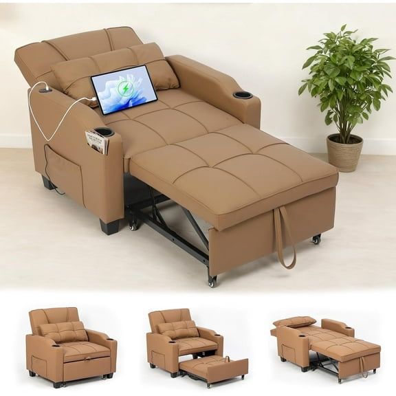 Garvee Sleeper Chair Pull Out Bed, 4 in 1 Convertible Sofa Chair Bed , Single Sofa Recliner Bed with USB/Type-C Port, Cup Holders and Side Pocket for Small Spaces Brown