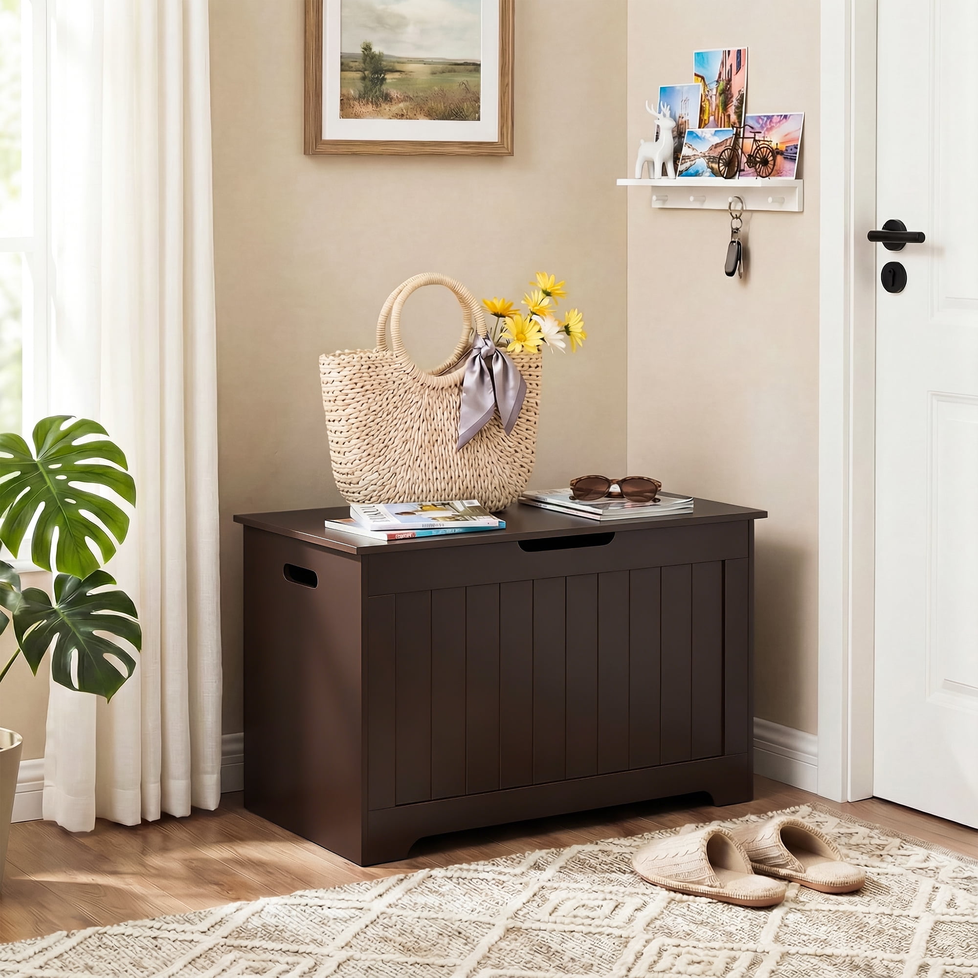 SuperDeal 30-Inch Lift Top Storage Chest Wooden Home Organizer Bench with Safety Hinged Lid Large MDF Toy Box Entryway Bedroom Living Room, Brown