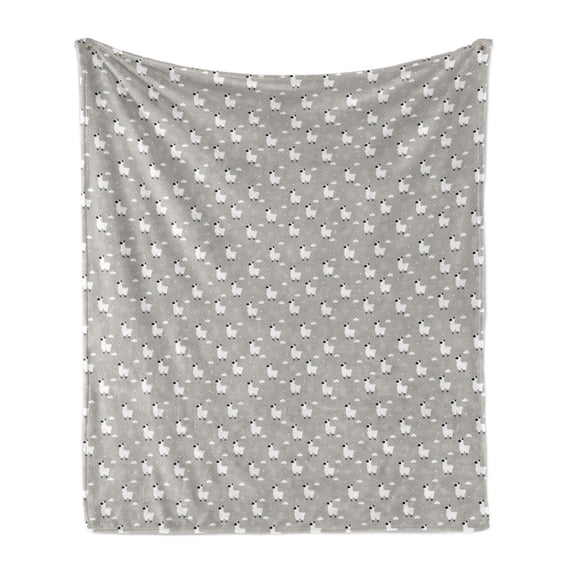 Sheep Soft Flannel Fleece Blanket, Animal with Clouds on Polka Dots Backdrop Scandinavian Style Doodle Muted Tones, Cozy Plush for Indoor and Outdoor Use, 50" x 60", Pale Grey White, by Ambesonne