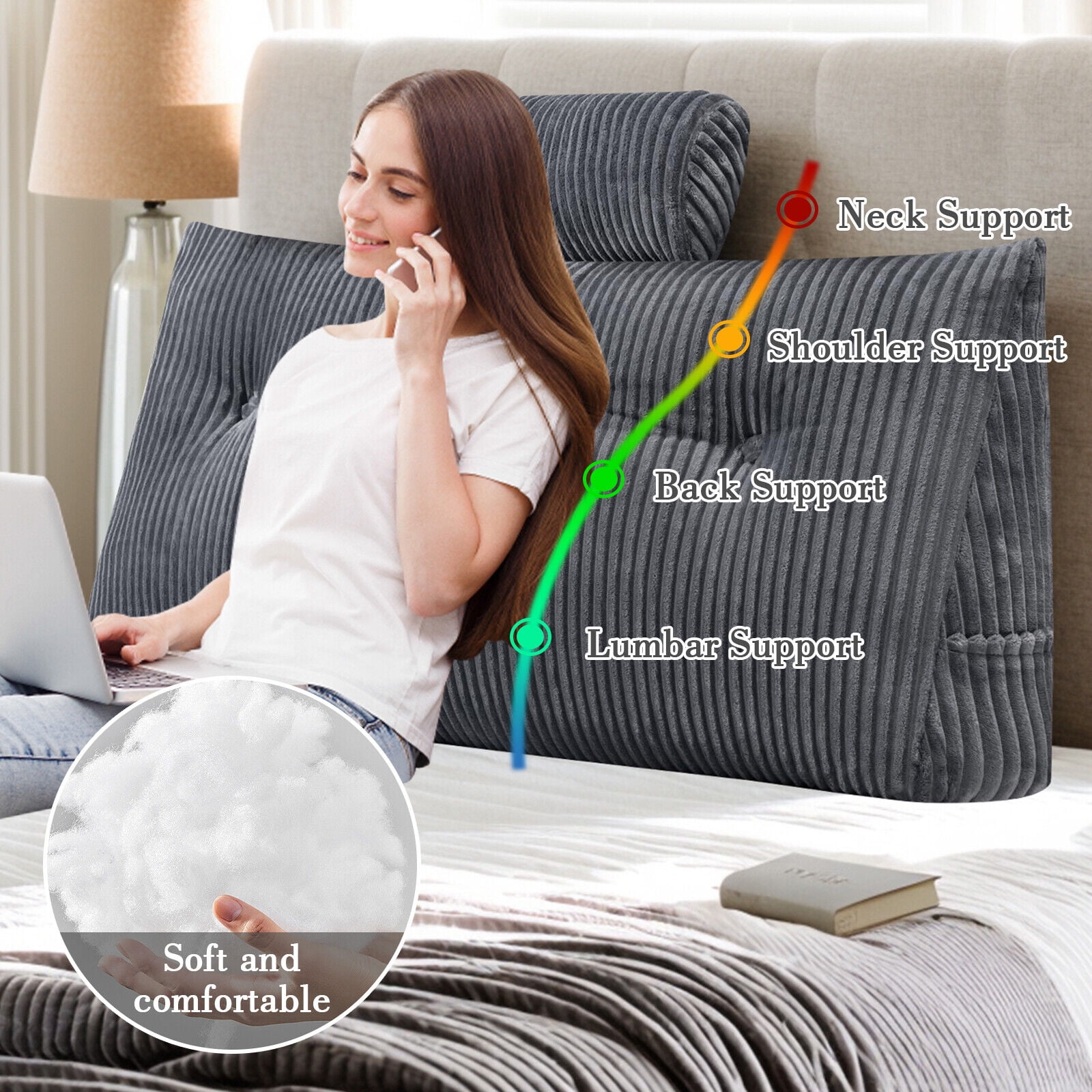 TOPCHANCES Headboard Reading Pillow with Pocket, Triangular Wedge Bedside Backrest Support Cushion with Detachable Neck Roll Pillow, Grey, 39x8x20 Inches