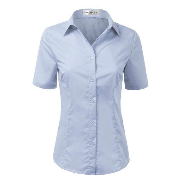 Doublju Doublju Women's Short Sleeve Slim Fit Button Down Dress Shirt