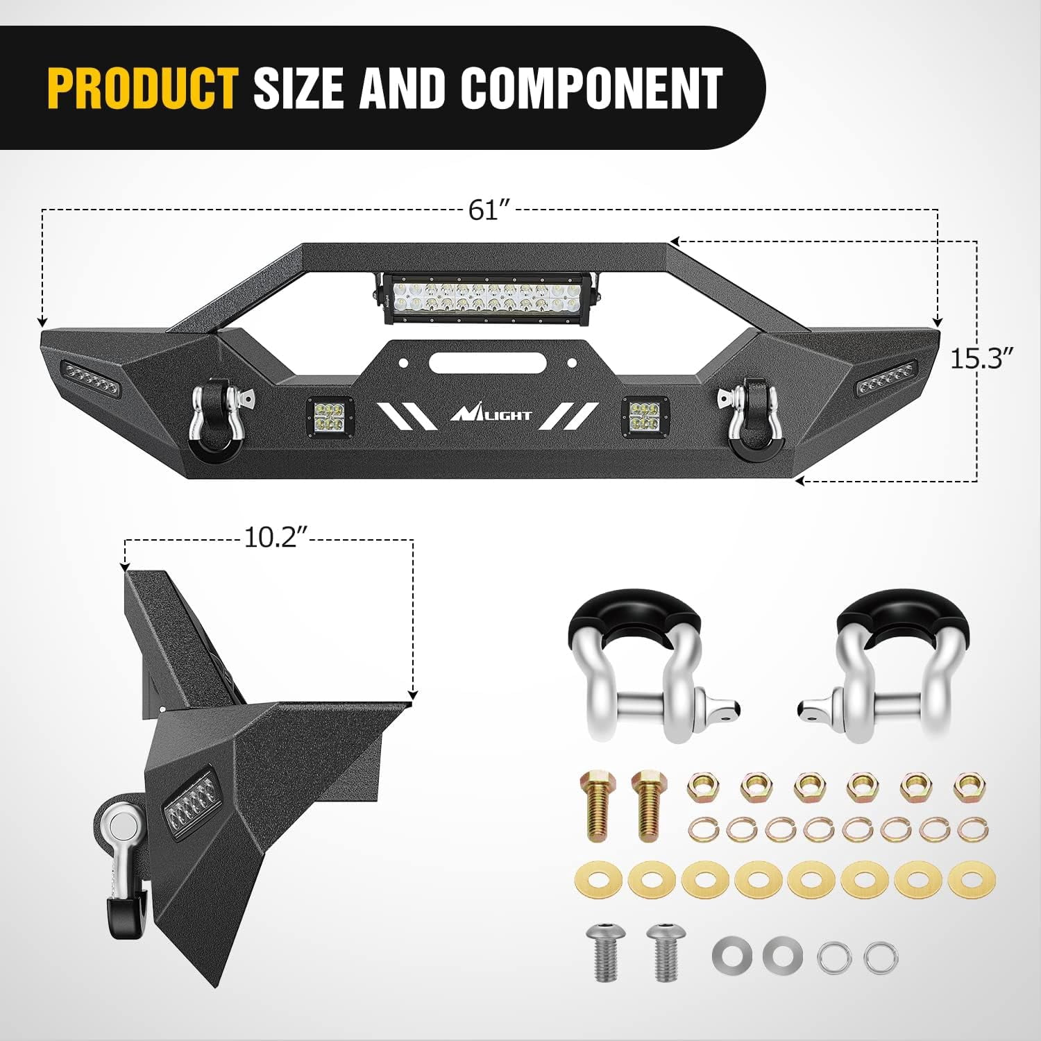 Nilight Front Bumper Compatible for 2007-2018 Wrangler JK/JKU 2018-2022 JL/JLU 2020-2022 Gladiator JT with 72W LED Light Bar 2 x 18W Light Pod 2X 18W Single Row Work Light Winch Plate