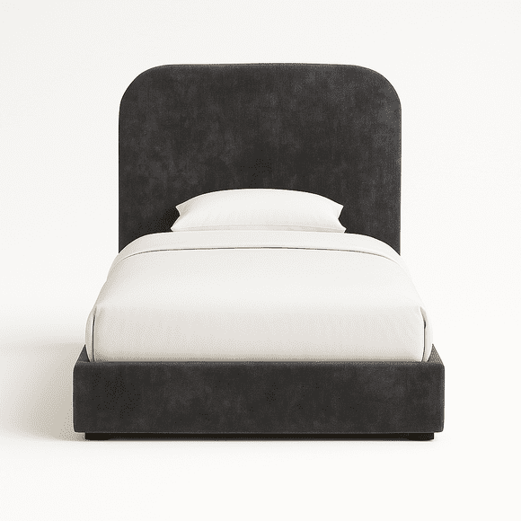 Cama Matrimonial Tapizada Velvet Shadow Gris Grafito Cabecera Curva Moderna en Terciopelo Artdejol