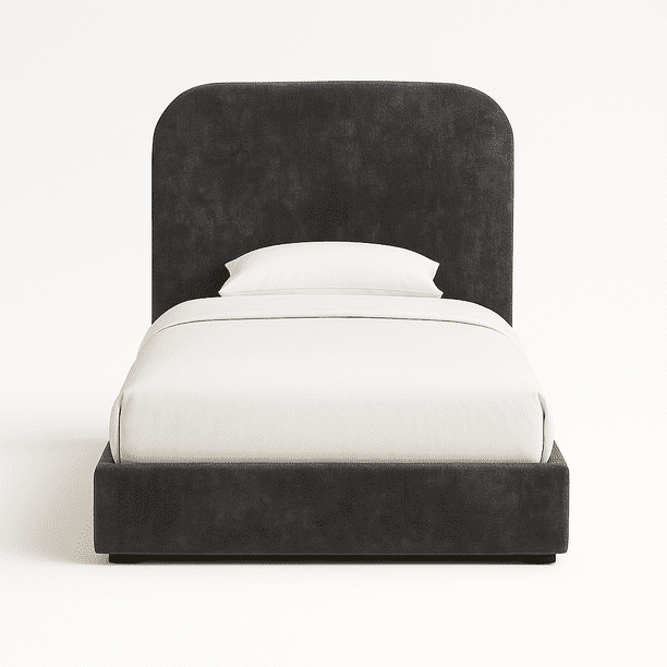 Cama Matrimonial Tapizada Velvet Shadow Gris Grafito Cabecera Curva Moderna en Terciopelo Artdejol