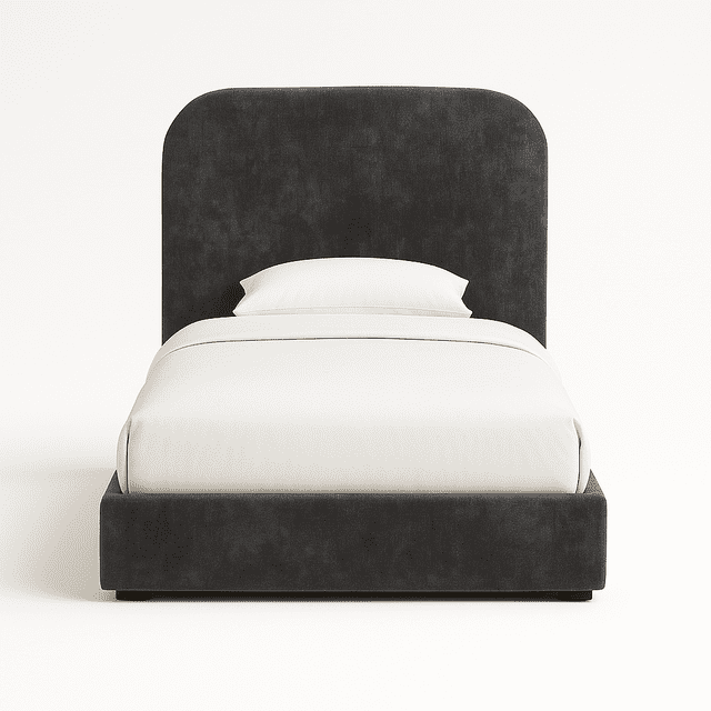 Cama Matrimonial Tapizada Velvet Shadow Gris Grafito Cabecera Curva Moderna en Terciopelo Artdejol