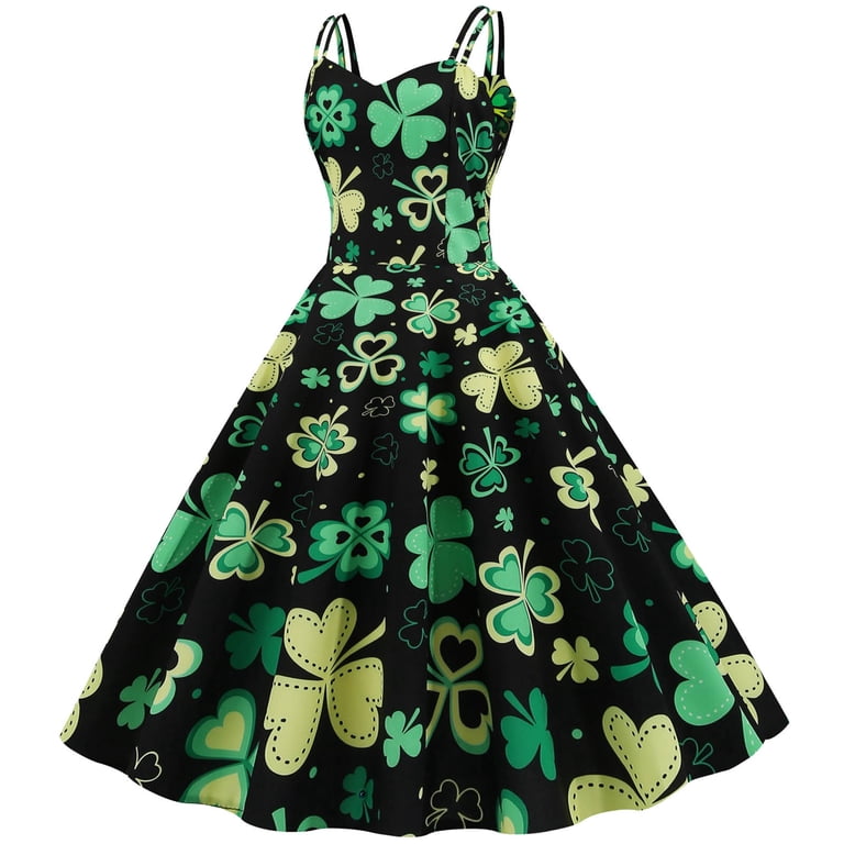 Bouanq St Patrick's Day Dresses for Women 2025,Women's Vintage Classic Dress  Long Sleeve Shamrock Print V-Neck Swing Dress Holiday - Walmart.com
