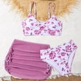 thumbnail image 2 of vigerkar Girls' 3 Piece Set Floral Print Bikini Swimsuit with Beach Skirt Cute Ruched Bathing Suit (Purple, 7-8 Years), 2 of 6