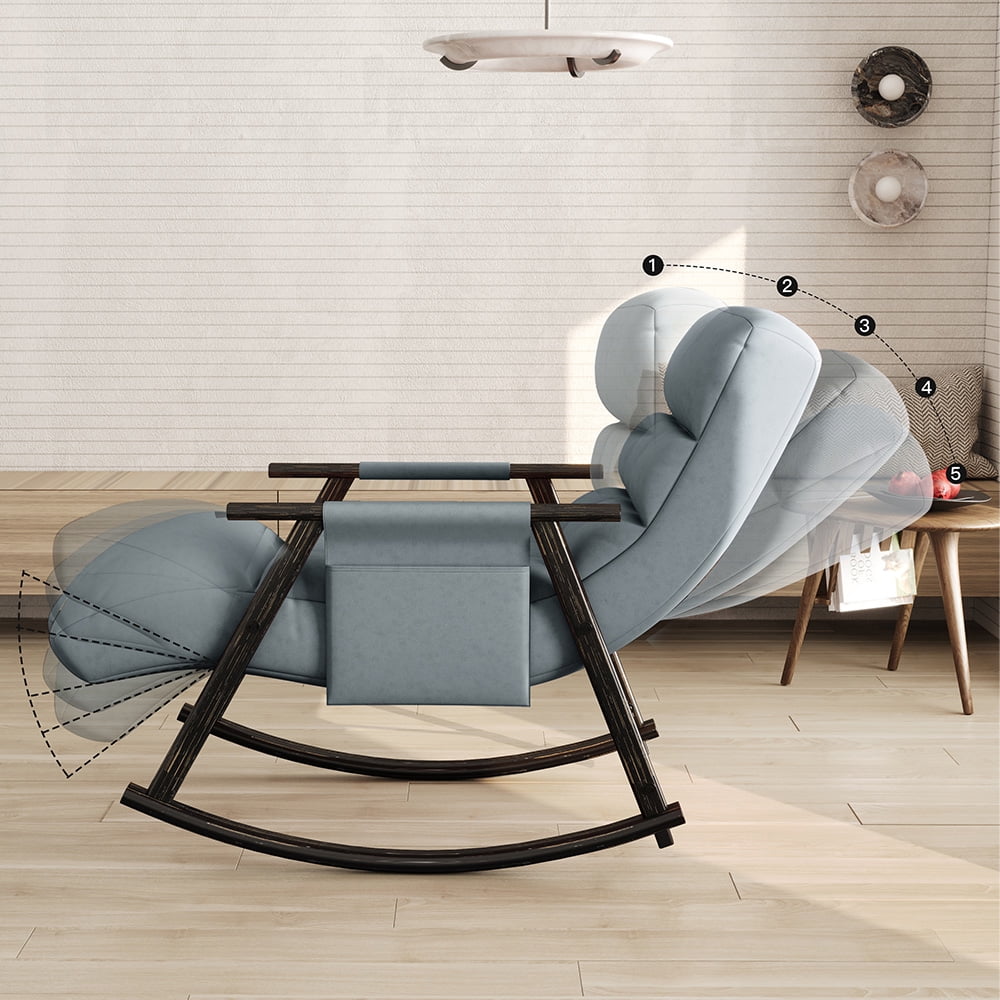 Accent Folding Rocking Recliner Chair with Side Pocket, Upholstered Nursery Glider Chair with 5 Adjustable High Back for Living Room Bedroom Balcony, Blue