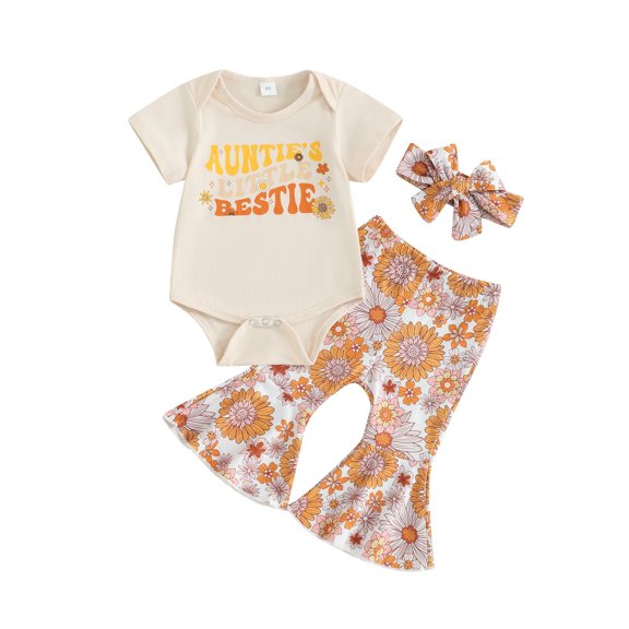 Bslissey Baby Girls Jumpsuit Outfits Short Sleeve Letter Print Romper Flower Print Flare Trousers Headband 3Pcs Infant Cute Summer Long Pants Sets 0-18 Months