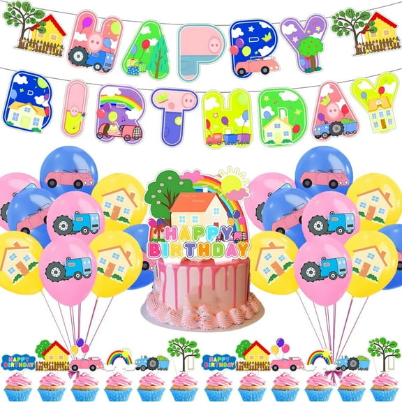 Cartoon Pig Birthday Party Supplies with 1Pcs Anime Pig Theme Banner,25 Pcs Caketoppers,18 Pcs Ballon for kids Birthday Baby Shower Party Decorations