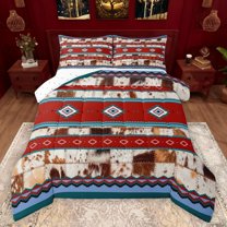 Manfei Southwestern Aztec Geometric Bedding Comforter Set,Rustic Western Cattle Hide Twin Comforter Sets,Red Blue Stripe Triangle Bedding Set For Adult,Microfiber Bedroom Decor Reversible,2-Piece