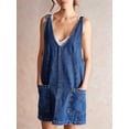 thumbnail image 4 of Women Denim Overalls Mini Dress Adjustable Shoulder Straps High Roller Skirtall Casual Jean Romper Dress Dark Blue L, 4 of 7