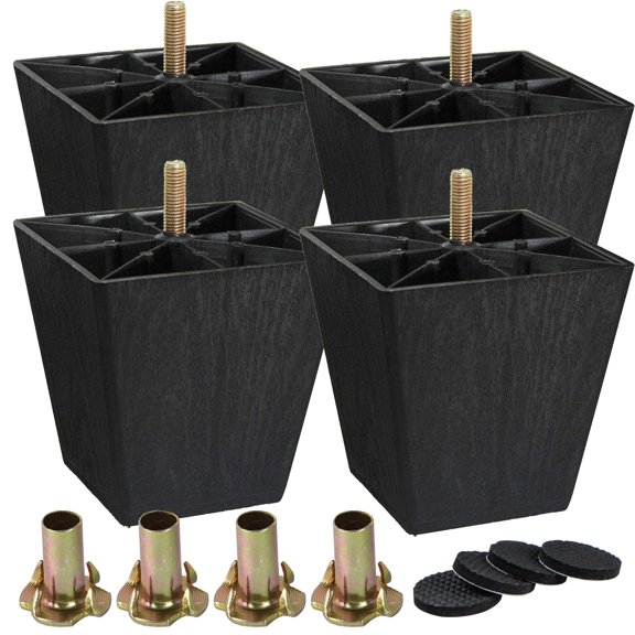 LAVANE 4 inch / 10cm Plastic Furniture Legs, Set of 4 Mid Century Modern Square Pyramid Replacement Couch Feet with Pre-Drilled M8 5/16 Inch Bolt & Mounting Plate for Sofa Couch Cabinet Ottoman