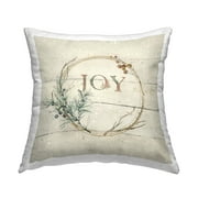 Stupell Industries Joy Typography Seasonal Botanical Sprig Wreath Design by Carol Robinson Throw Pillow