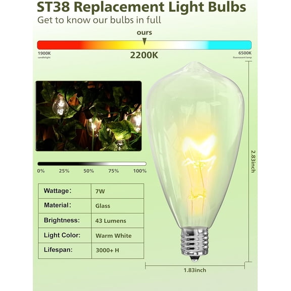 YJYASX-ST38 Replacement Bulbs 10-Pack - 7W E12 Candelabra Base Clear Glass Light Bulbs, Vintage Incandescent for Outdoor String Lights, Patio, Garden Decor