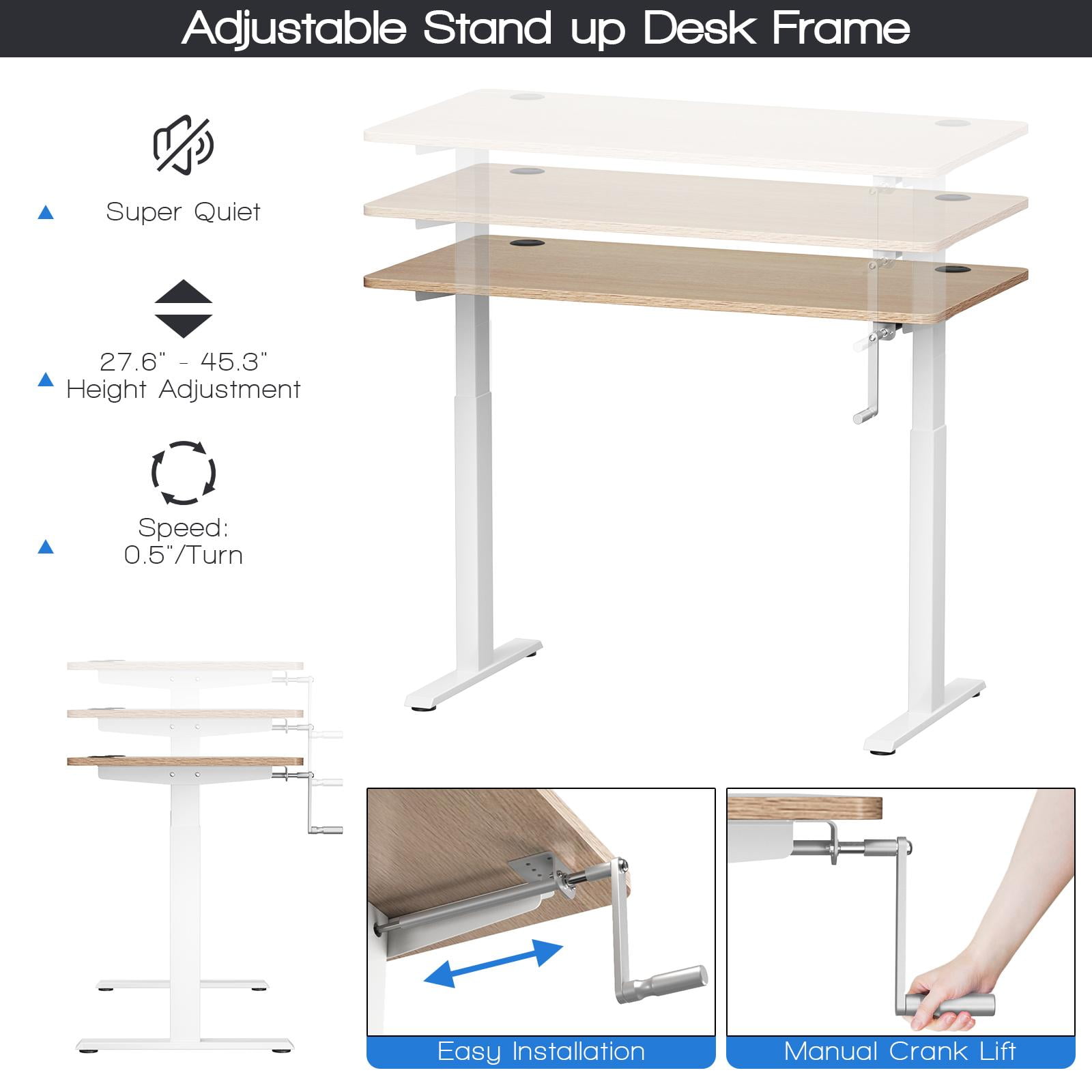 Giantex Crank Height Adjustable Standing Desk Frame, Manual Hand Crank Workstation Base, Ergonomic Sit to Stand Base w/ Foldable Crank Handle, Hook, Cable Management Rack, White