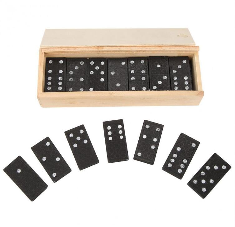 Set of 28 Black Wooden Dominoes In Wooden Box Fun Game Kids Adult Toy HC 