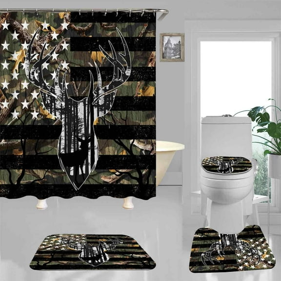 4PCS Rustic Deer Shower Curtain Sets with Rugs, Waterproof Fabric Colorful Shower Curtain, Forest Woodland Wildlife Wild Animal Elk Moose Eagle Bird Country Cabin Lodge Hunting Bathroom Decor