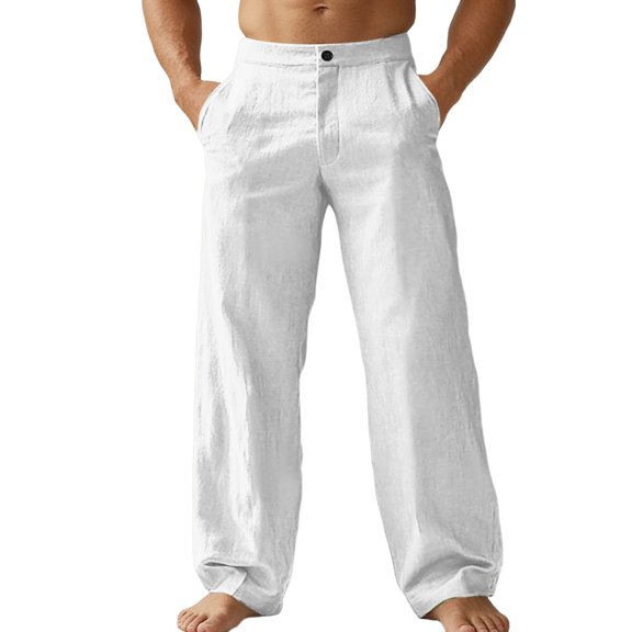 Men's Casual Linen Elastic Waist Pants Lightweight Straight Leg Pants Loose Fit Summer Beach Yoga Trousers White XL