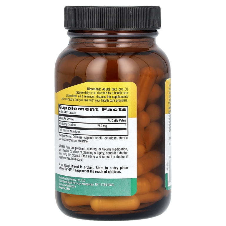Country Life NAC, N-Acetyl Cysteine, 750 mg, 60 Vegan Capsules