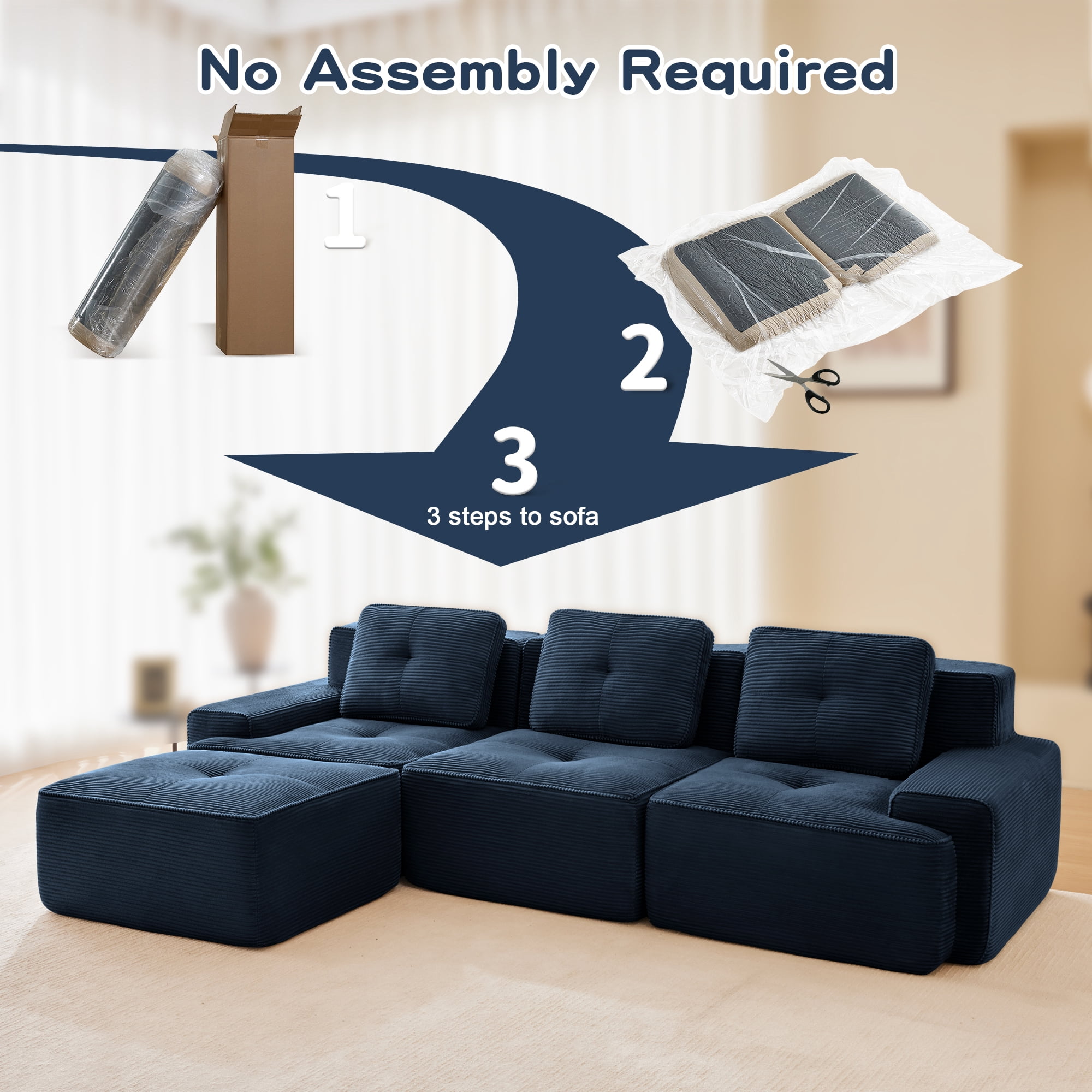 Aukfa 4-Piece 117" Modular Cloud Couch Sectional Sofa with Ottoman, L-Shaped Deep Seat Boneless Sofa Set for Living Room, Blue
