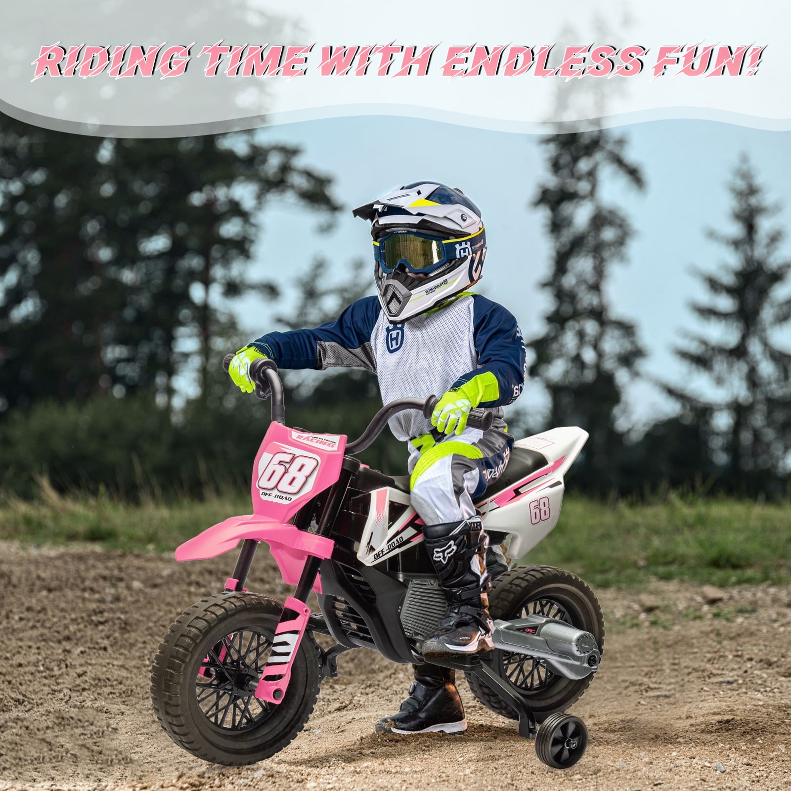 Telyswee 12V Electric Dirt Bike, Kids Electric Motorcycle with 25W*2 Motor, Twist Grip Throttle, Training Wheels, Spring Suspension, Ride on Toys Cars for Kids 3-8 Years