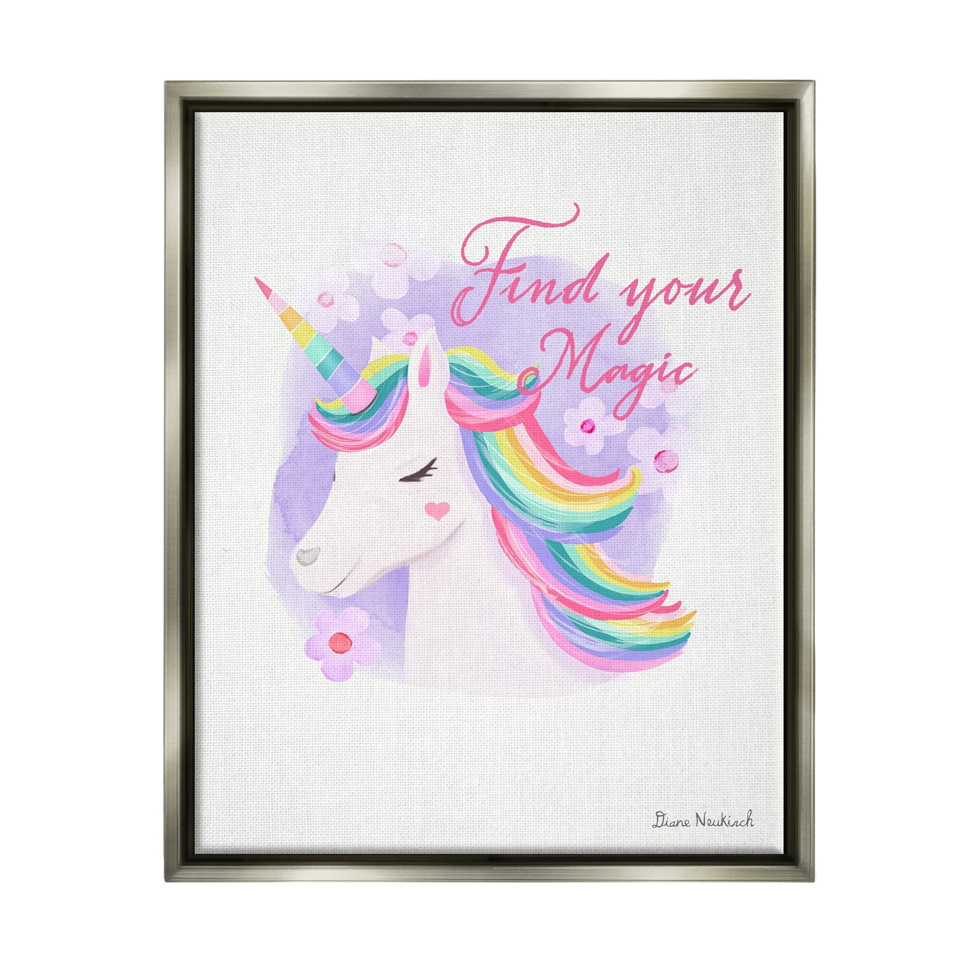 Stupell Industries Find Your Magic Bold Rainbow Floral Unicorn Mane Graphic Art Luster Gray Floating Framed Canvas Print Wall Art, Design by Diane Neukirch