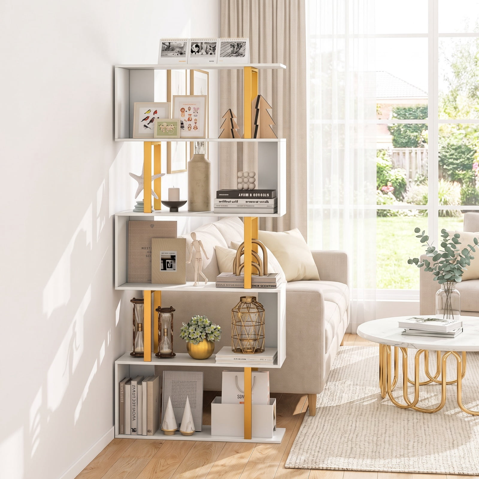 Furnibear 5-Tier/6-Tier Geometric Bookcase with Metal Frame and Anti-tipping Kits-5 Tier for Living Room Home Office Bedroom Display Storage, White
