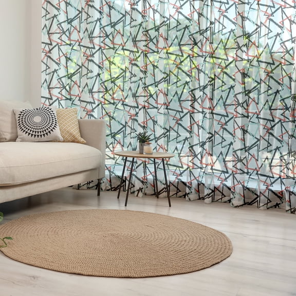 Grunge Tulle Curtains with Rod Pocket, Abstract Triangles with Vintage Inspirations Paint Illustration, Sheer Drape for Wedding Party 2 Panels, 7 Sizes, Mint Green Vermilion, by Ambesonne