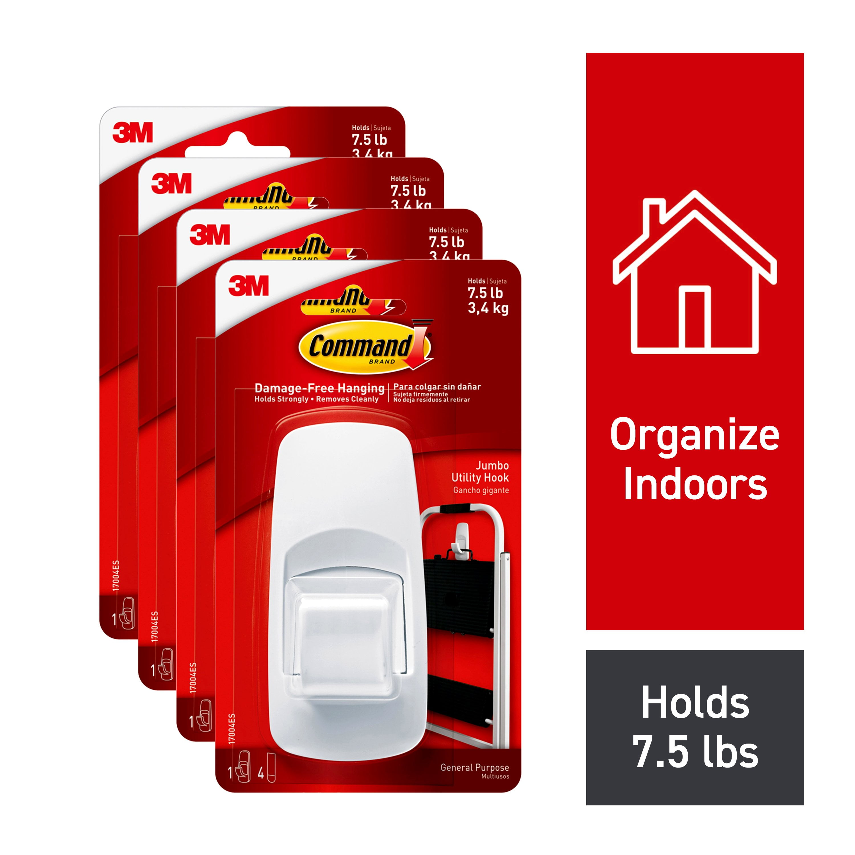 Command Jumbo Hook, White, 4 Hooks, 16 Strips