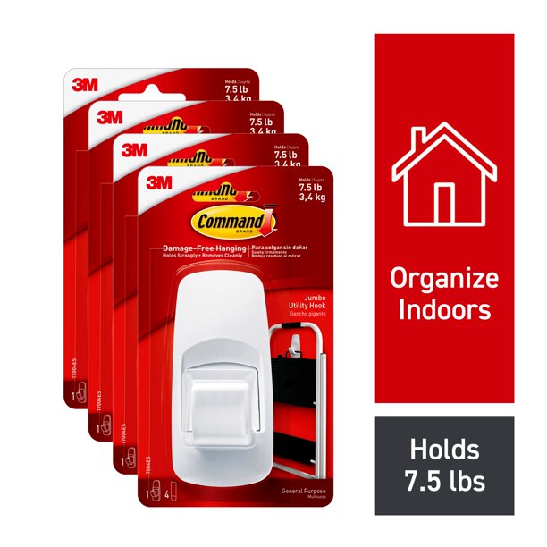 Command Jumbo Hook, White, 4 Hooks, 16 Strips