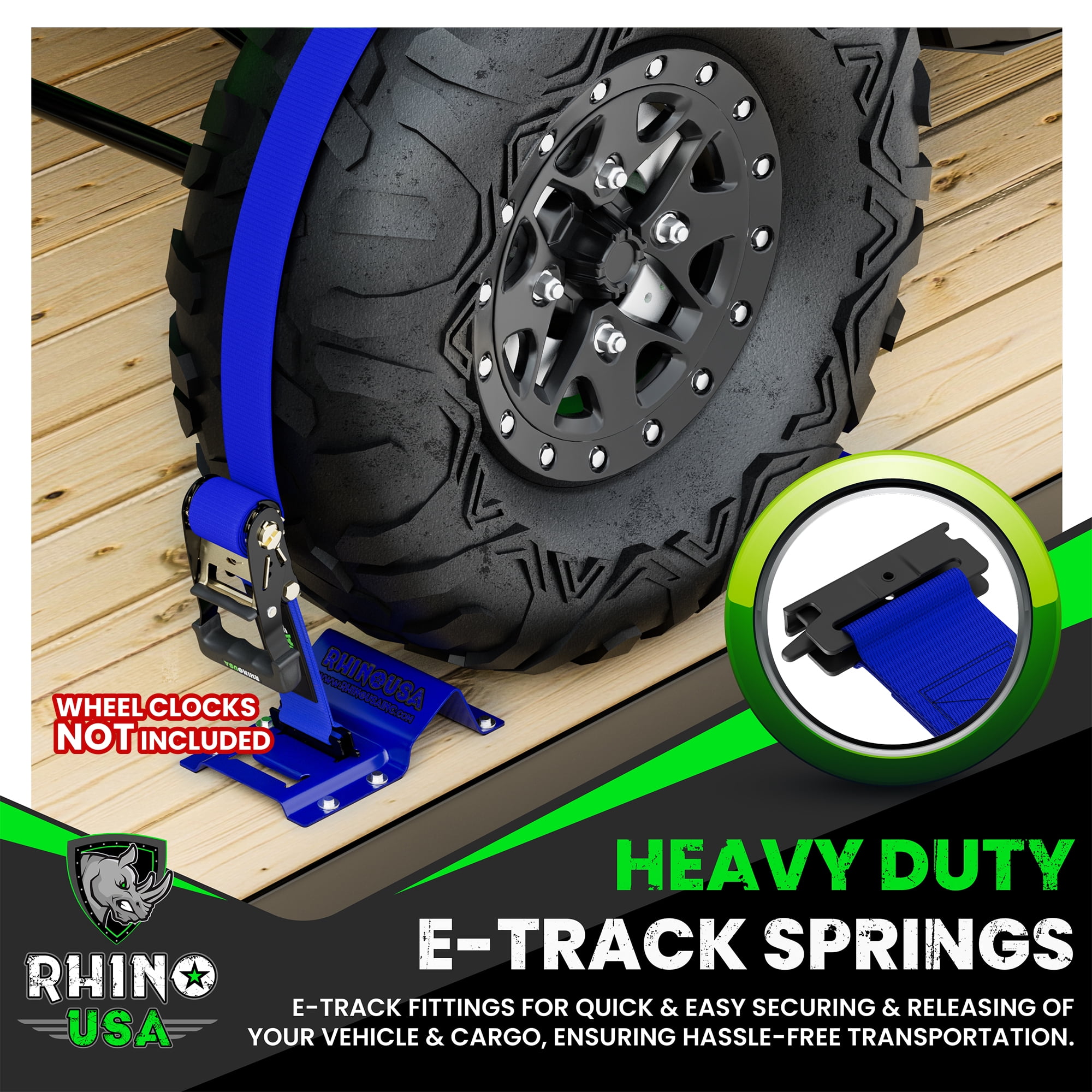 Rhino USA E Track Ratchet Tie Down Straps (4,500lb Break Strength) - w/ (2) Premium 2" x 16' eTrack Tie Down
