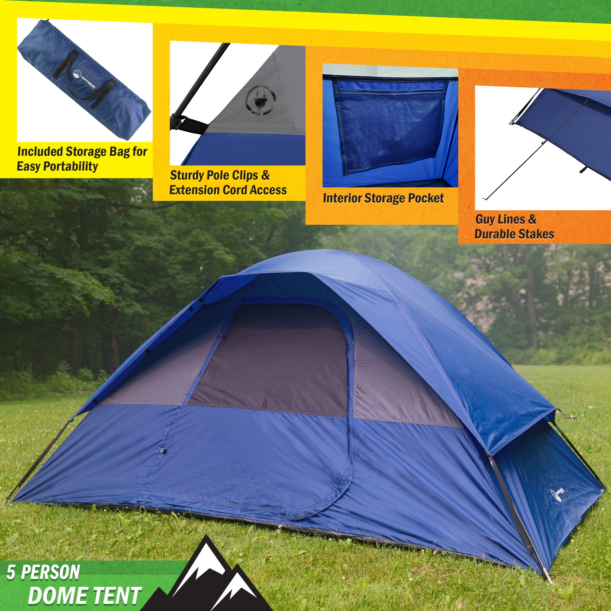 Wakeman Outdoors 5 Person Camping Tent with Rain Fly and Carrying Bag, Blue