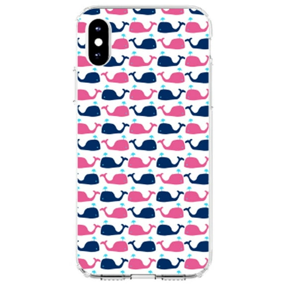 DistinctInk Clear Shockproof Hybrid Case for iPhone X / XS (5.8" Screen) - TPU Bumper, Acrylic Back, Tempered Glass Screen Protector - Pink Navy Cartoon Whales - Cartoon Whales