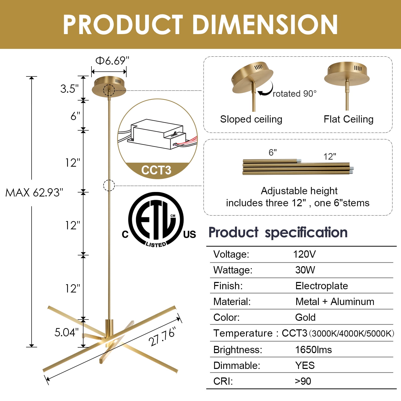 Gold LED Chandelier for Dining Room, 27.76in Dimmable 4-Lights Modern Ceiling Pendant Light Fixture for Kitchen Living Room Entry Foyer 3000K/4000K/5000K 24W