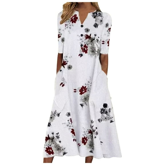 Babysbule Woman Summer Dresses Women's Summer Casual V-Neck Short Sleeve Printed With Pocket Dresses