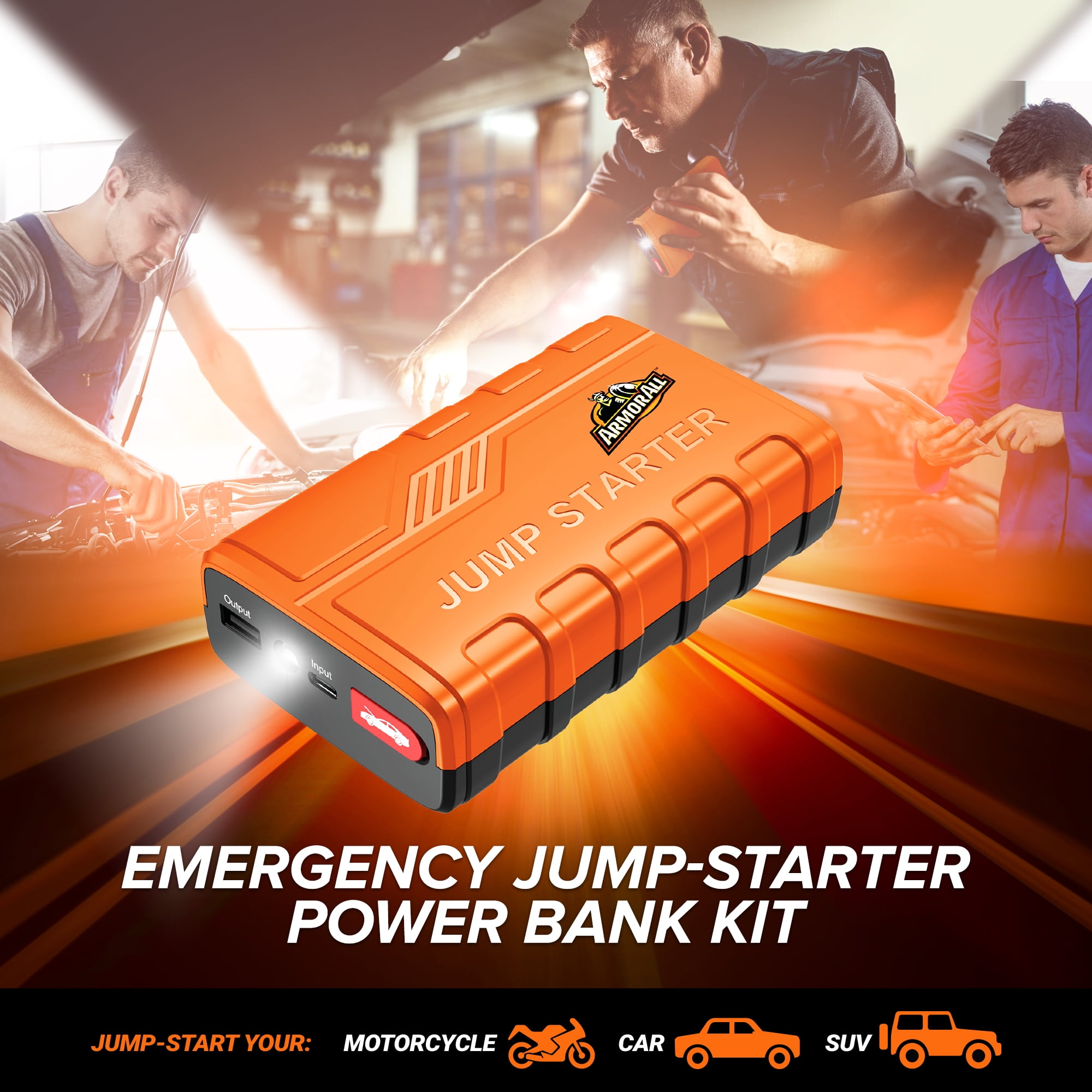 Armor All Emergency Jump Starter Power Bank Kit, 800A Peak Amps, Ultra-Bright LED Flashlight, USB Charger, Portable Car Battery Booster with Premium Carry Case