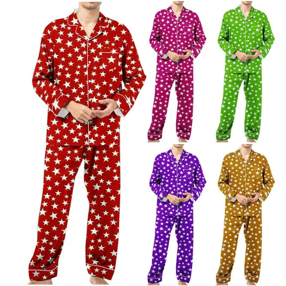 Swuxness Mens Long Sleeve Pajama 2 Piece Sets, Men's Long Pants Set, Men Print Button Down Shirt Collar Pockets Comfortable Casual Soft Pajama Set Orange, L