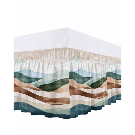Teal Brown Ombre Bed Skirt Queen Size 18" Drop Abstract Art Modern Waves Ruffled Wrap Around Bed Skirts Adjustable Elastic Bedskirt Dust Ruffle for Queen Size Bed